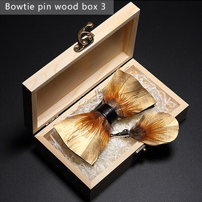 JEMYGINS original design bow gold natural bird feather bow handmade leather bow tie brooch wooden box wedding party gift