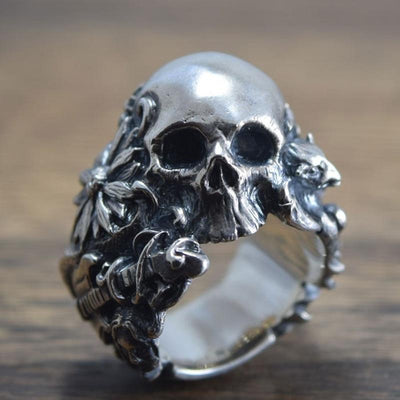 Gothic Guitar and Flower Detailed Skull Ring - TheNineOneOne